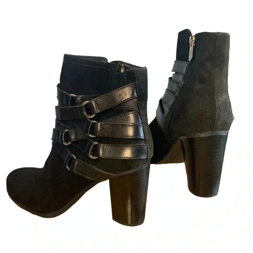 Adrienne Vittadini Black Suede Booties with Leather Strap Side Detailing. Size 8